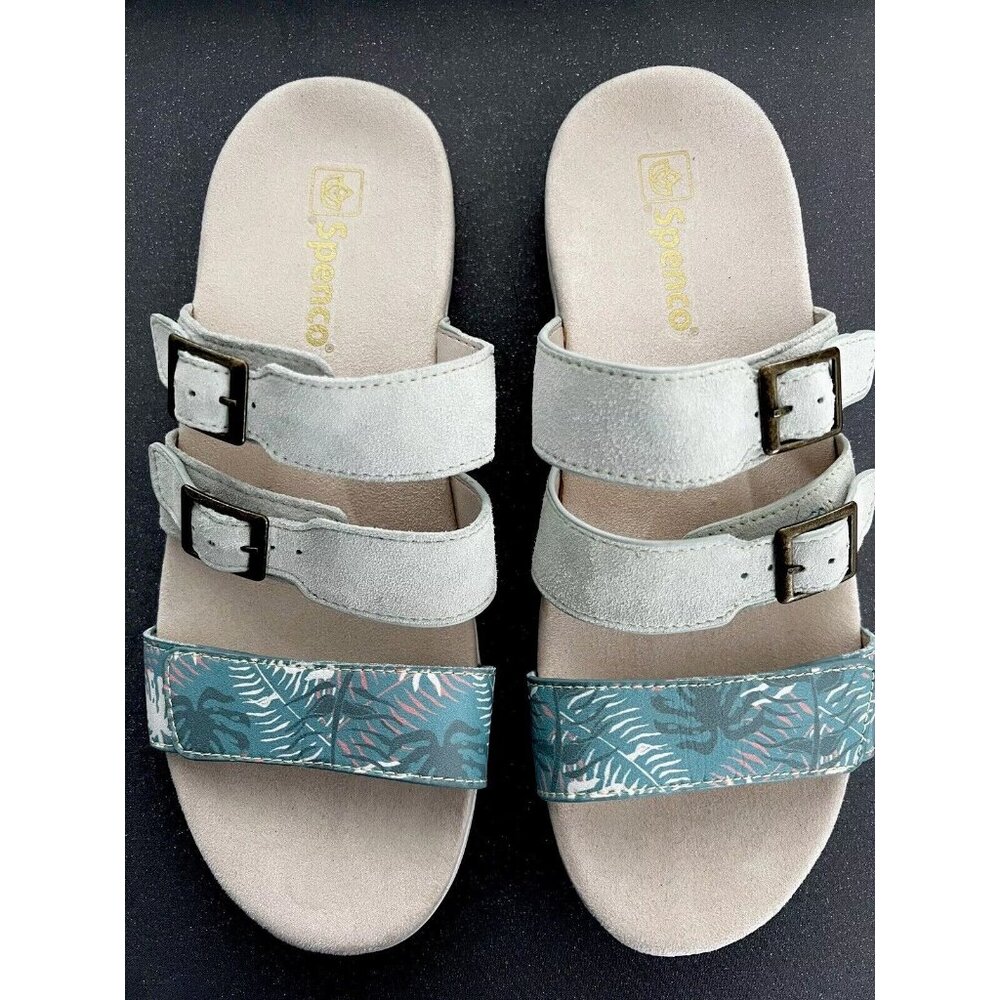 Spenco Orchid Sandal Womens 9 Aqua Sea Leather Adjustable Comfort Footbed NWOT